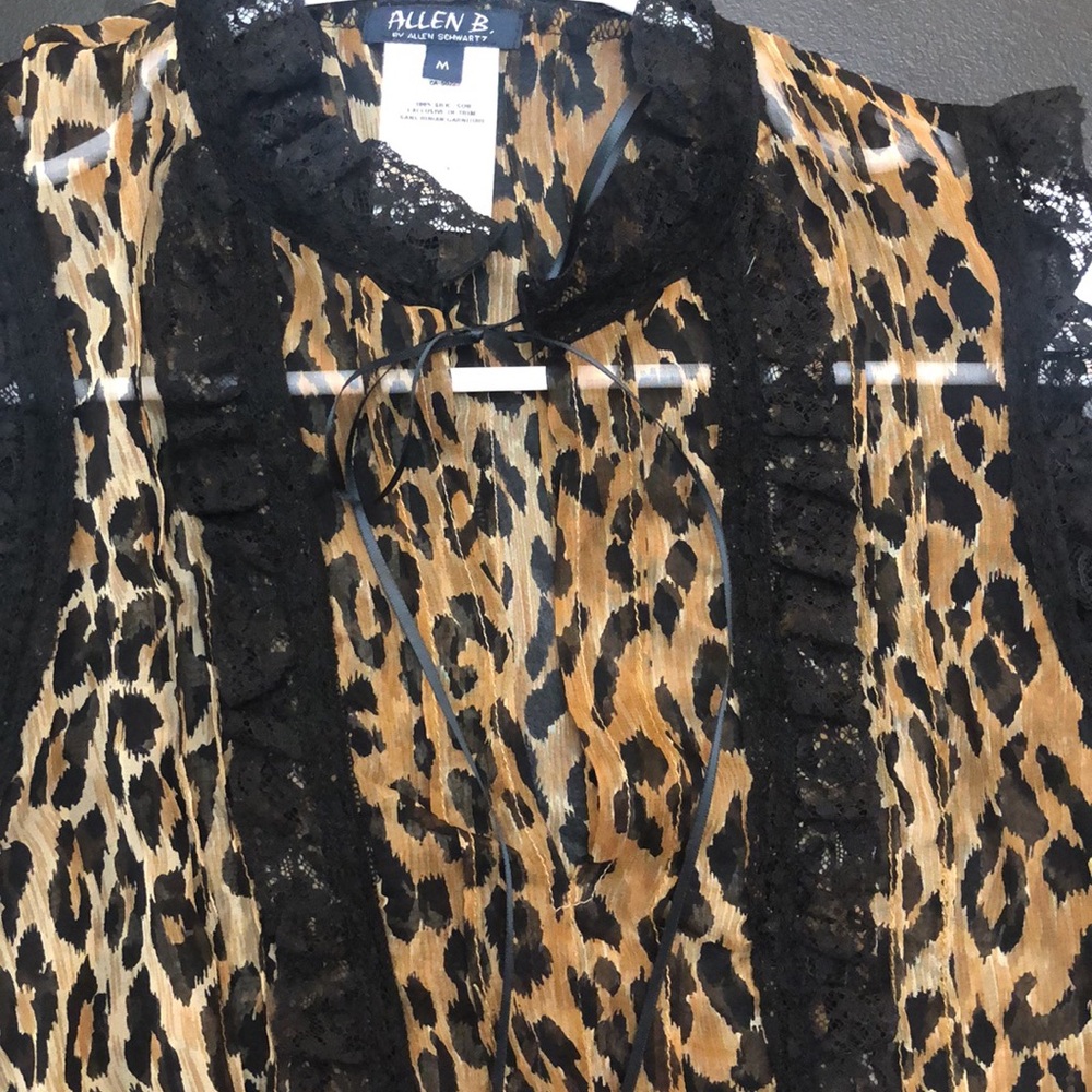 100% SILK Leopard print blouse Medium scrunch bottom lace trim by Allen … - Picture 5 of 6
